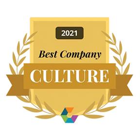 A gold badge with laurel leaves reads 2021 Best Company Culture in bold letters, featuring a ribbon and a colorful geometric logo at the bottom.
