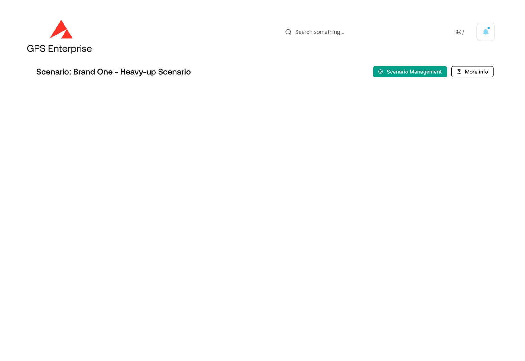 A mostly black screen showing a GPS Enterprise logo, a search bar at the top, Scenario: Brand One - Heavy-up Scenario text, and two buttons labeled Scenario Management and More info.