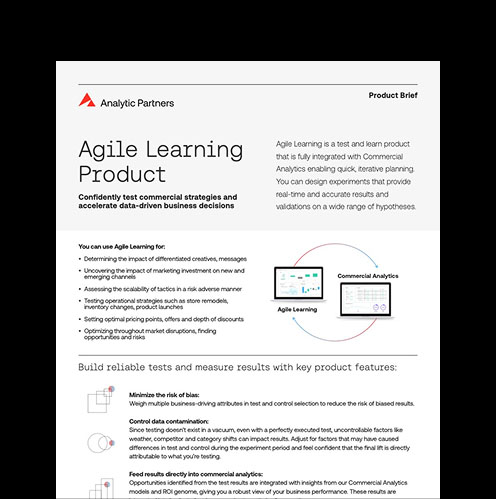 A product brief for Analytic Partners’ Agile Learning Product, featuring a header, summary text, icons, and sections describing features, benefits, and key points about commercial analytics and data-driven decision making.