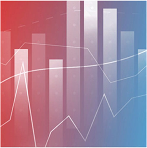 Bar and line graph with a gradient red-to-blue background, displaying multiple vertical bars and two intersecting line graphs, representing statistical data visualization.