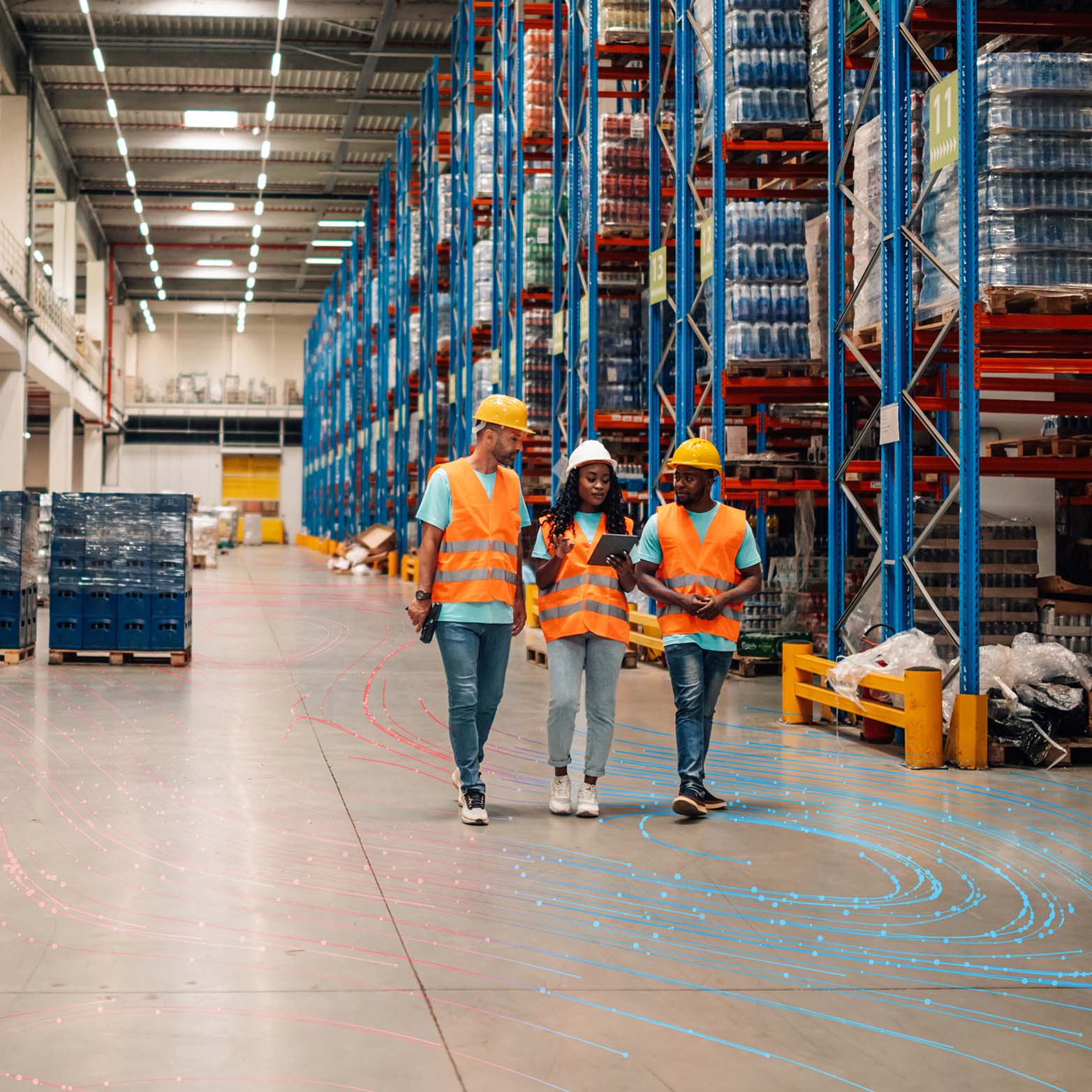 Three warehouse workers wearing orange safety vests and yellow hard hats walk together and talk inside a large, organized warehouse with tall shelves and boxes stacked in the background.